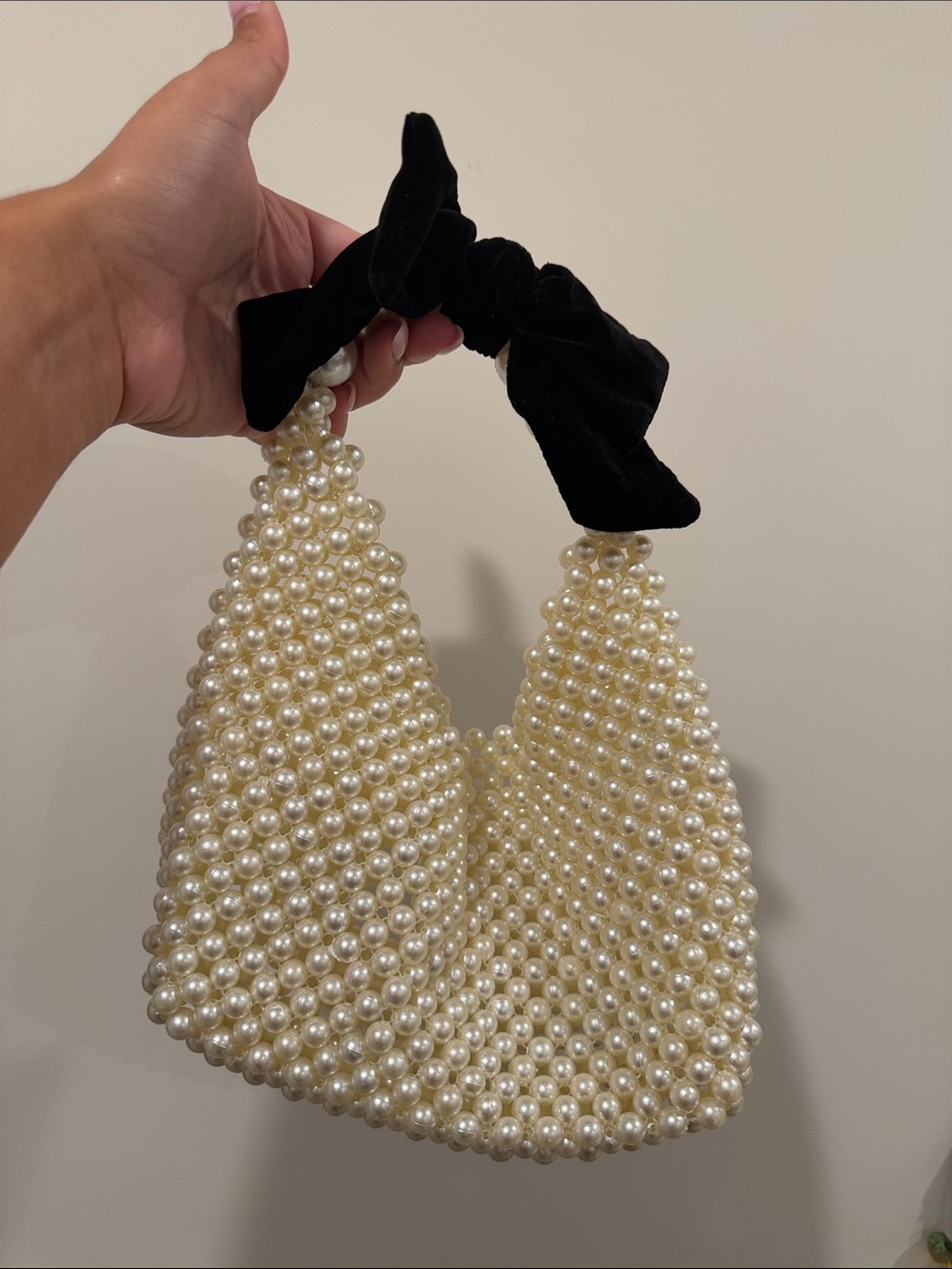 Pearl Beaded Shoulder Bag with Black Velvet Bow